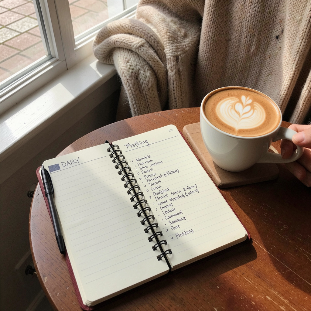 Morning coffee and journal for daily planning
